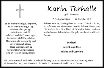 Anzeige von Karin Terhalle von Westfälische Nachrichten