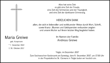 Anzeige von Maria Greiwe von Westfälische Nachrichten