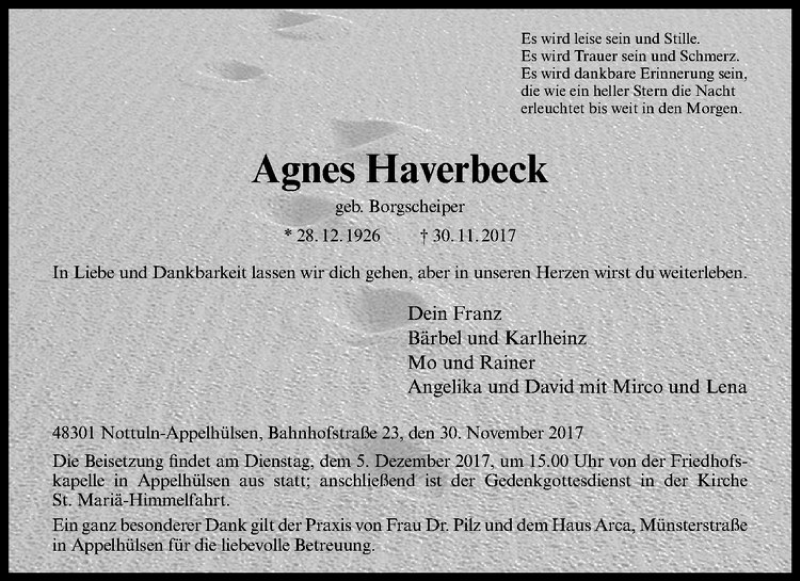  Traueranzeige für Agnes Haverbeck vom 02.12.2017 aus Westfälische Nachrichten