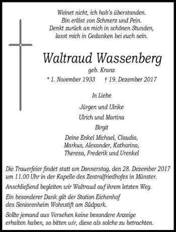 Anzeige von Waltraud Wassenberg von Westfälische Nachrichten