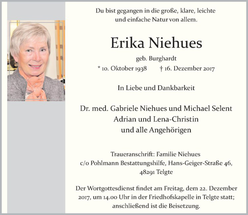  Traueranzeige für Erika Niehues vom 20.12.2017 aus Westfälische Nachrichten