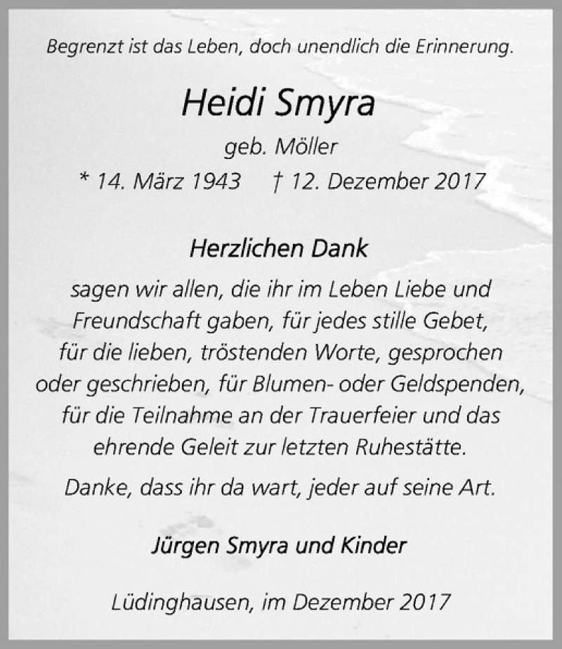  Traueranzeige für Heidi Smyra vom 30.12.2017 aus Westfälische Nachrichten