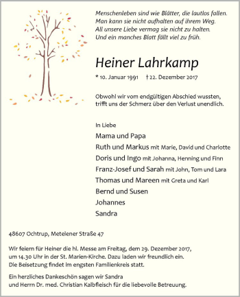 Anzeige von Heiner Lahrkamp von Westfälische Nachrichten