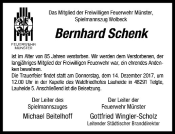 Anzeige von Bernhard Schenk von Westfälische Nachrichten