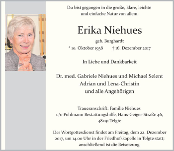 Anzeige von Erika Niehues von Westfälische Nachrichten