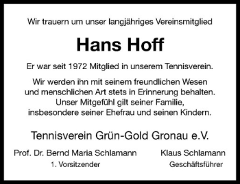 Anzeige von Hans Hoff von Westfälische Nachrichten