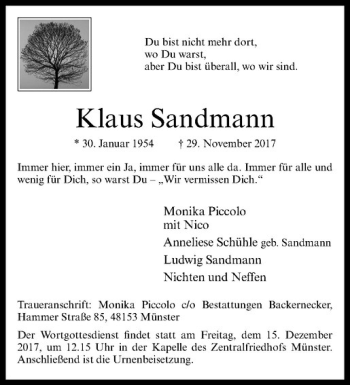 Anzeige von Klaus Sandmann von Westfälische Nachrichten