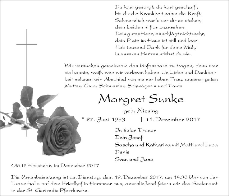  Traueranzeige für Margret Sunke vom 14.12.2017 aus Westfälische Nachrichten