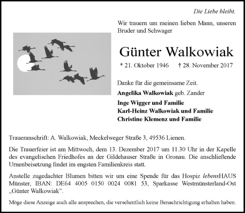 Traueranzeige für Günter Walkowiak vom 06.12.2017 aus Westfälische Nachrichten