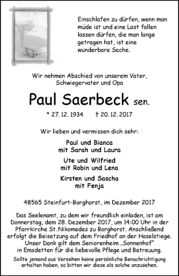 Anzeige von Paul Saerbeck von Westfälische Nachrichten
