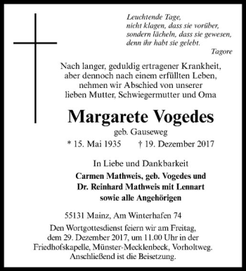 Anzeige von Margarete Vogedes von Westfälische Nachrichten