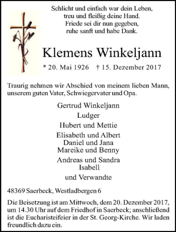 Anzeige von Klemens Winkeljann von Westfälische Nachrichten