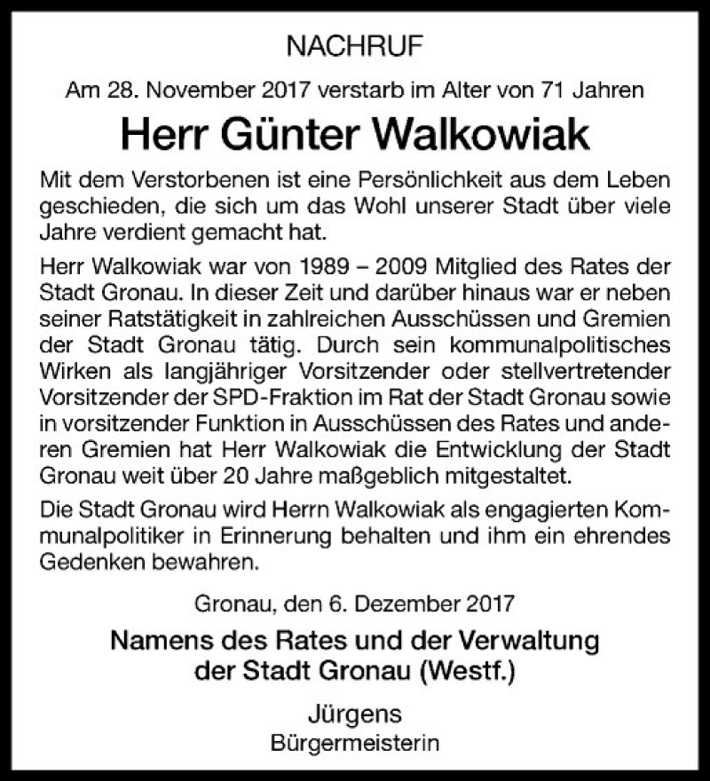  Traueranzeige für Günter Walkowiak vom 08.12.2017 aus Westfälische Nachrichten
