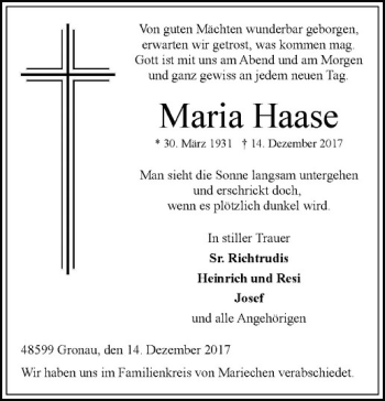 Anzeige von Maria Haase von Westfälische Nachrichten