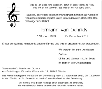 Anzeige von Hermann van Schrick von Westfälische Nachrichten