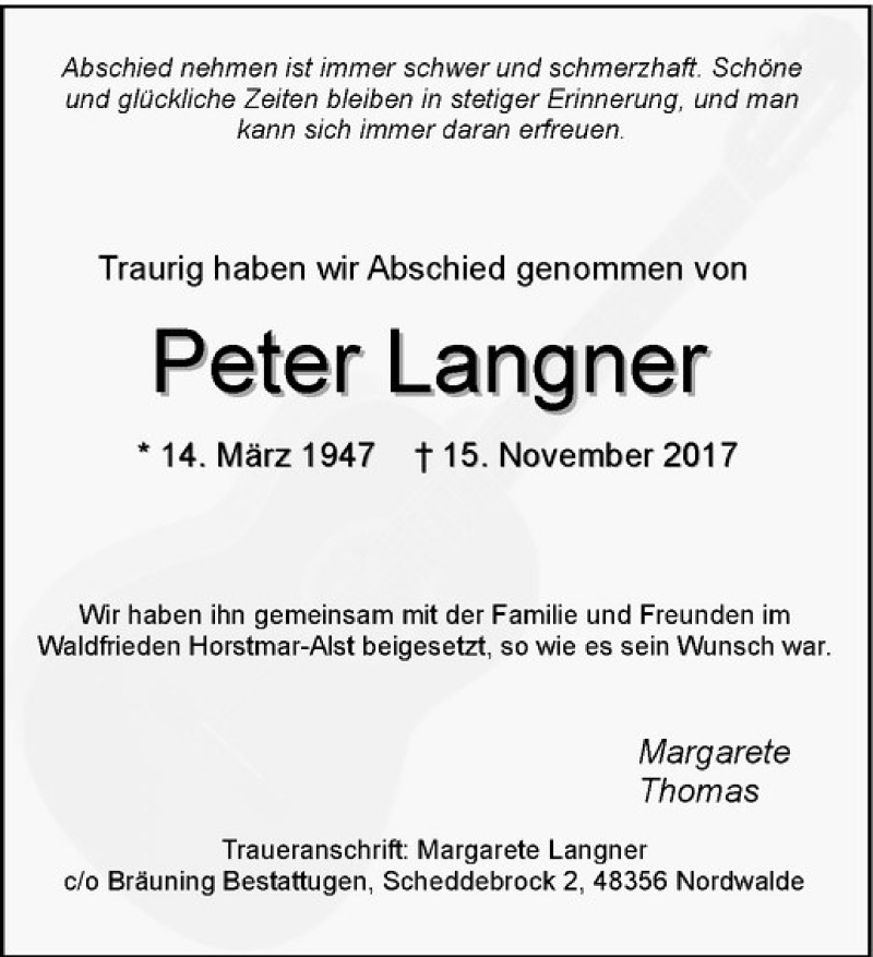  Traueranzeige für Peter Langner vom 02.12.2017 aus Westfälische Nachrichten