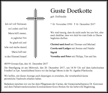 Anzeige von Guste Doetkotte von Westfälische Nachrichten