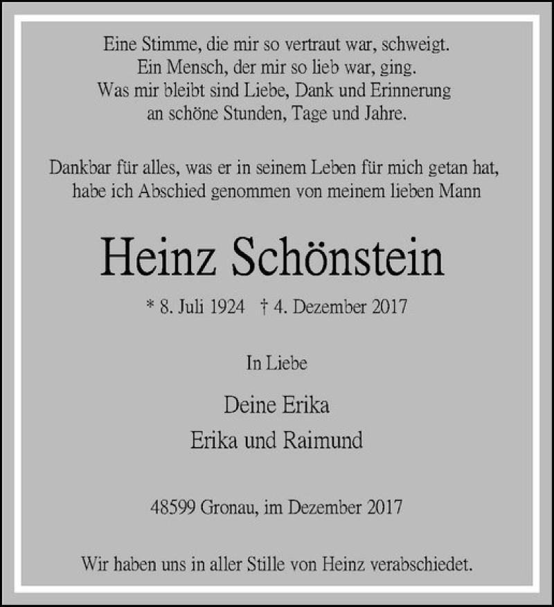 Traueranzeige für Heinz Schönstein vom 09.12.2017 aus Westfälische Nachrichten