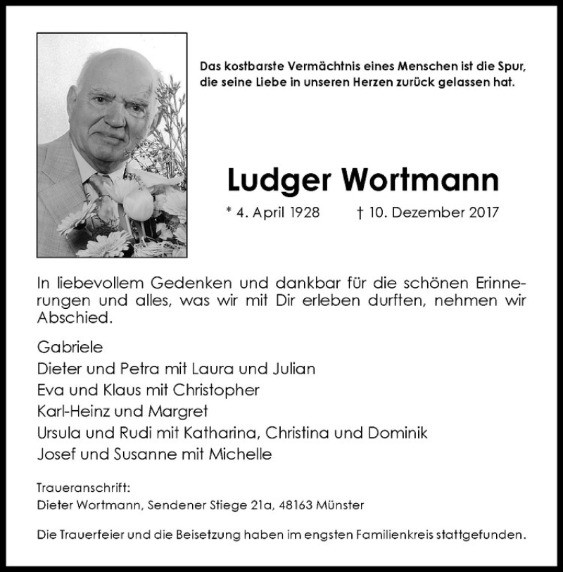  Traueranzeige für Ludger Wortmann vom 16.12.2017 aus Westfälische Nachrichten