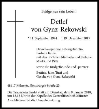 Anzeige von Detlef von Gynz-Rekowski von Westfälische Nachrichten