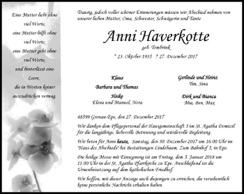 Anzeige von Anni Haverkotte von Westfälische Nachrichten