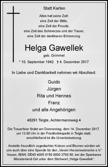 Anzeige von Helga Gawellek von Westfälische Nachrichten