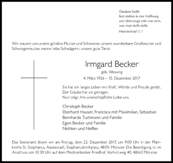 Anzeige von Irmgard Becker von Westfälische Nachrichten
