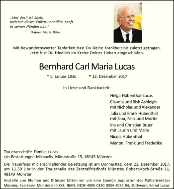 Anzeige von Bernhard Carl Maria Lucas von Westfälische Nachrichten