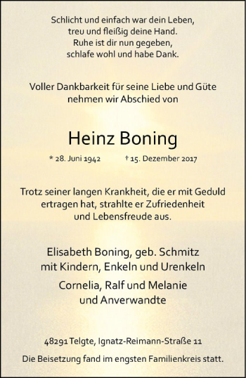 Anzeige von Heinz Boning von Westfälische Nachrichten