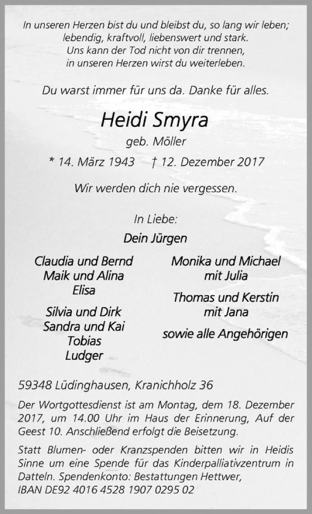  Traueranzeige für Heidi Smyra vom 16.12.2017 aus Westfälische Nachrichten