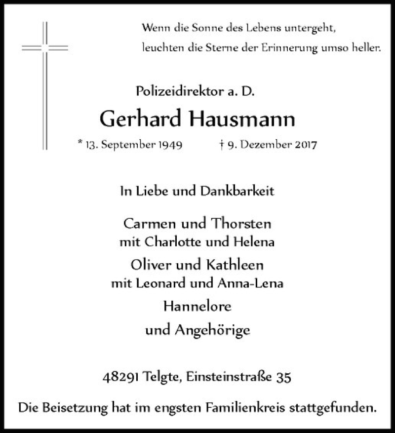  Traueranzeige für Gerhard Hausmann vom 16.12.2017 aus Westfälische Nachrichten
