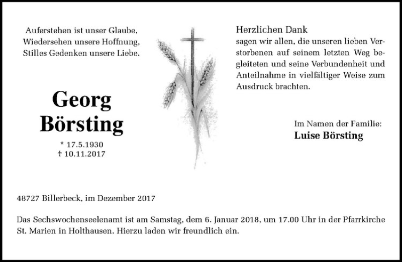  Traueranzeige für Georg Börsting vom 30.12.2017 aus Westfälische Nachrichten