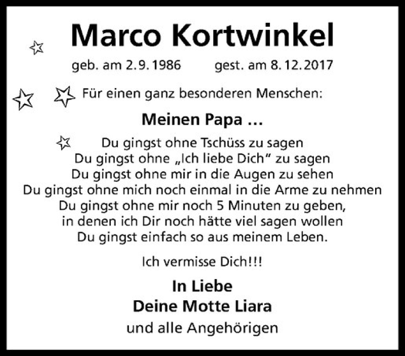  Traueranzeige für Marco Kortwinkel vom 13.12.2017 aus Westfälische Nachrichten