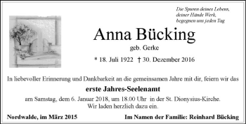 Anzeige von Anna Bücking von Westfälische Nachrichten