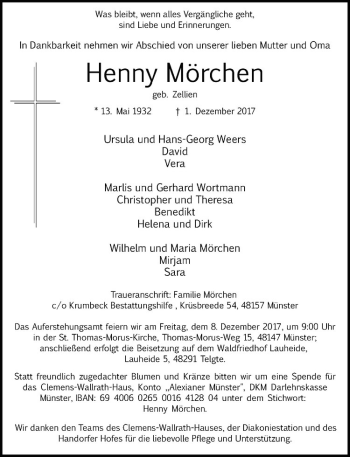 Anzeige von Henny Mörchen von Westfälische Nachrichten