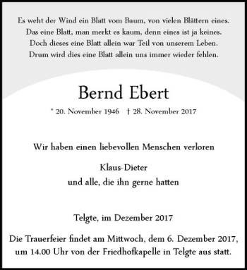 Anzeige von Bernd Ebert von Westfälische Nachrichten