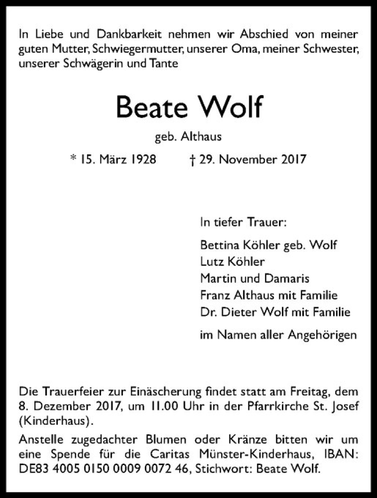  Traueranzeige für Beate Wolf vom 02.12.2017 aus Westfälische Nachrichten