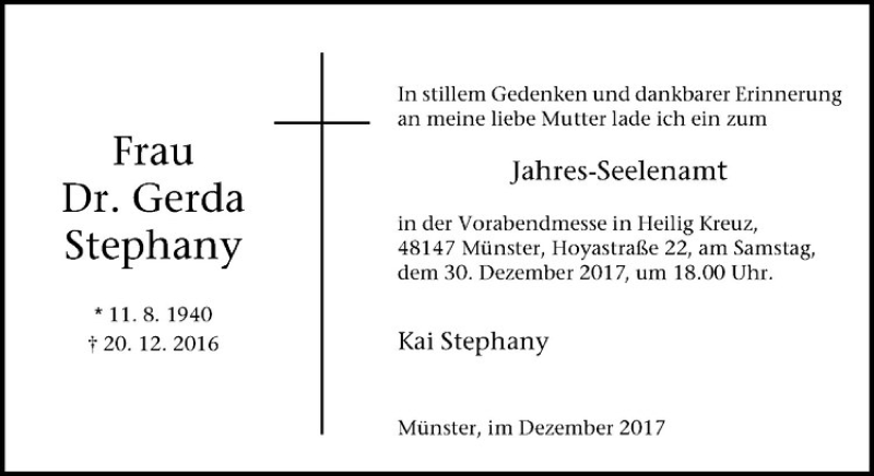  Traueranzeige für Gerda Stephany vom 27.12.2017 aus Westfälische Nachrichten