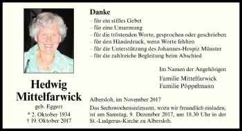 Anzeige von Hedwig Mittelfarwick von Westfälische Nachrichten