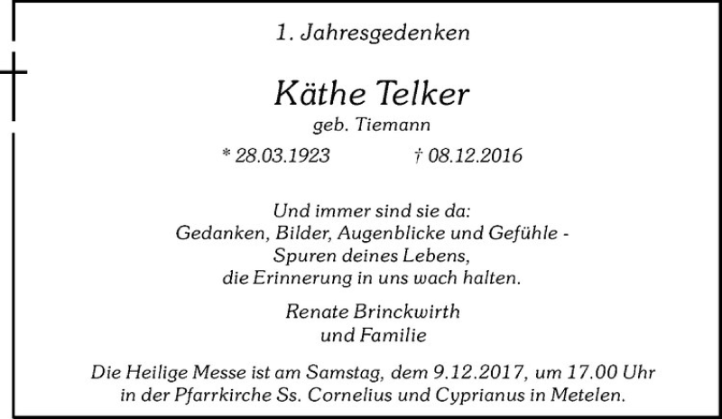  Traueranzeige für Käthe Telker vom 07.12.2017 aus Westfälische Nachrichten