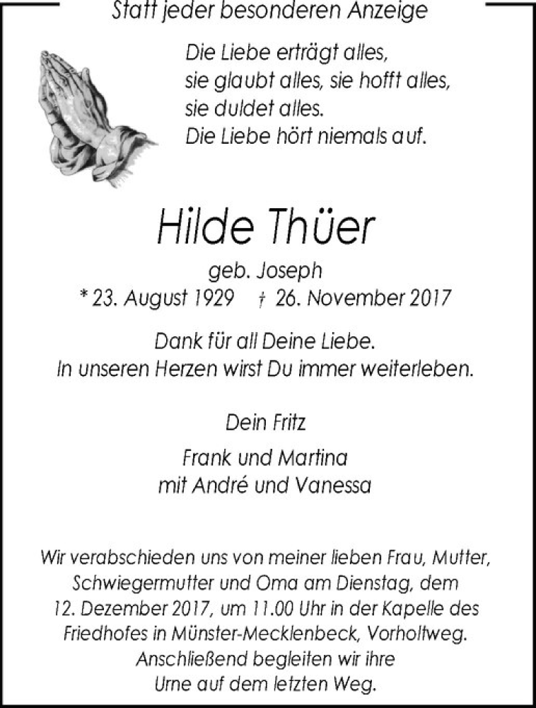  Traueranzeige für Hilde Thüer vom 06.12.2017 aus Westfälische Nachrichten