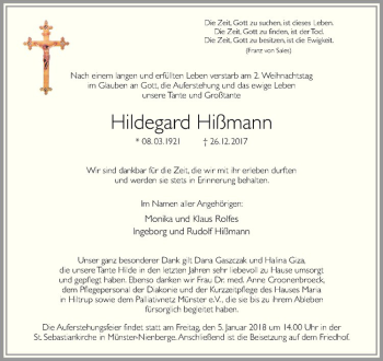 Anzeige von Hildegard Hißmann von Westfälische Nachrichten