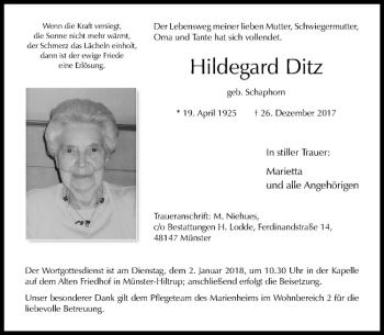 Anzeige von Hildegard Ditz von Westfälische Nachrichten