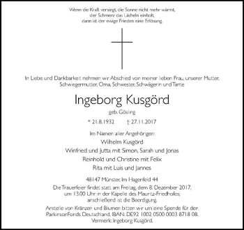 Anzeige von Ingeborg Kusgörd von Westfälische Nachrichten
