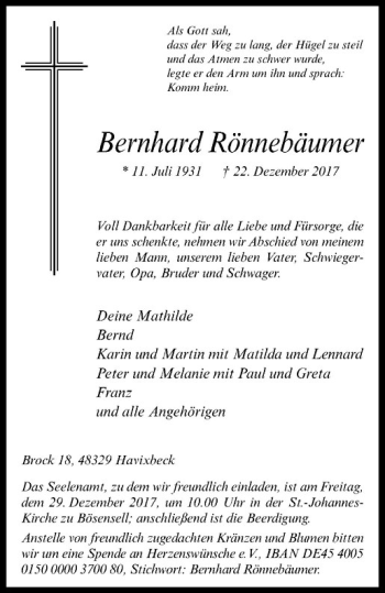 Anzeige von Bernhard Rönnebäumer von Westfälische Nachrichten