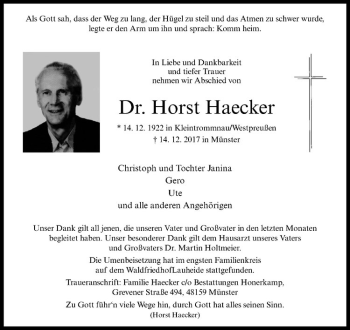 Anzeige von Horst Haecker von Westfälische Nachrichten