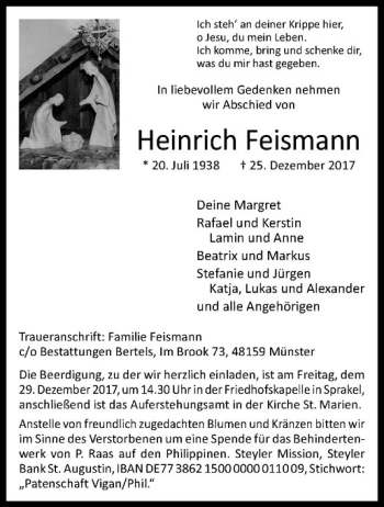 Anzeige von Heinrich Feismann von Westfälische Nachrichten