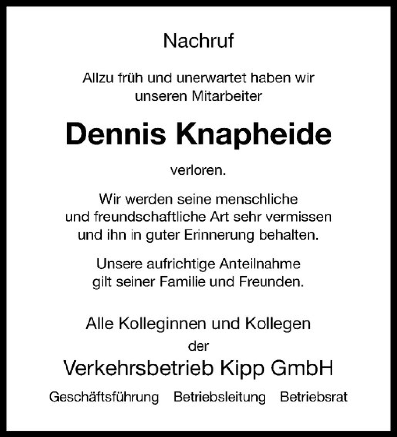  Traueranzeige für Dennis Knapheide vom 02.12.2017 aus Westfälische Nachrichten