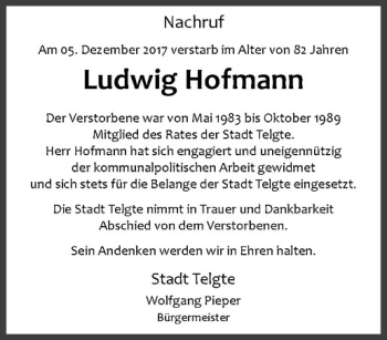 Anzeige von Ludwig Hofmann von Westfälische Nachrichten