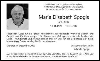 Anzeige von Maria Elisabeth Spogis von Westfälische Nachrichten